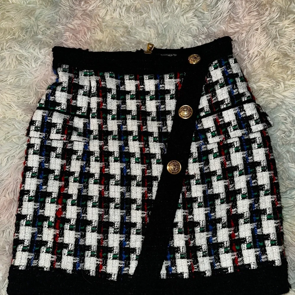 New Balmain Button Embellished Houndstooth Tweed Mini Skirt Size 40 - Picture 10 of 13